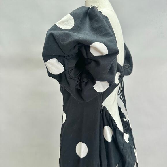 H&M Black Polka Dot Midi Dress Puff Sleeve Sweetheart Neckline Size XL - Picture 13 of 16